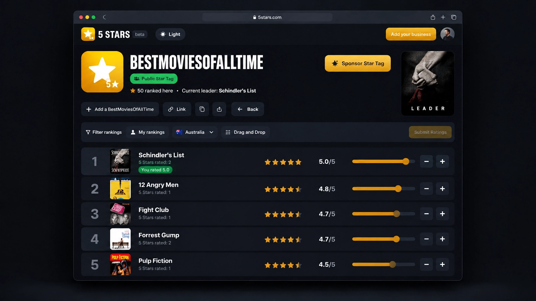 5stars BestMoviesOfAllTime page showing Schindler's List as current leader