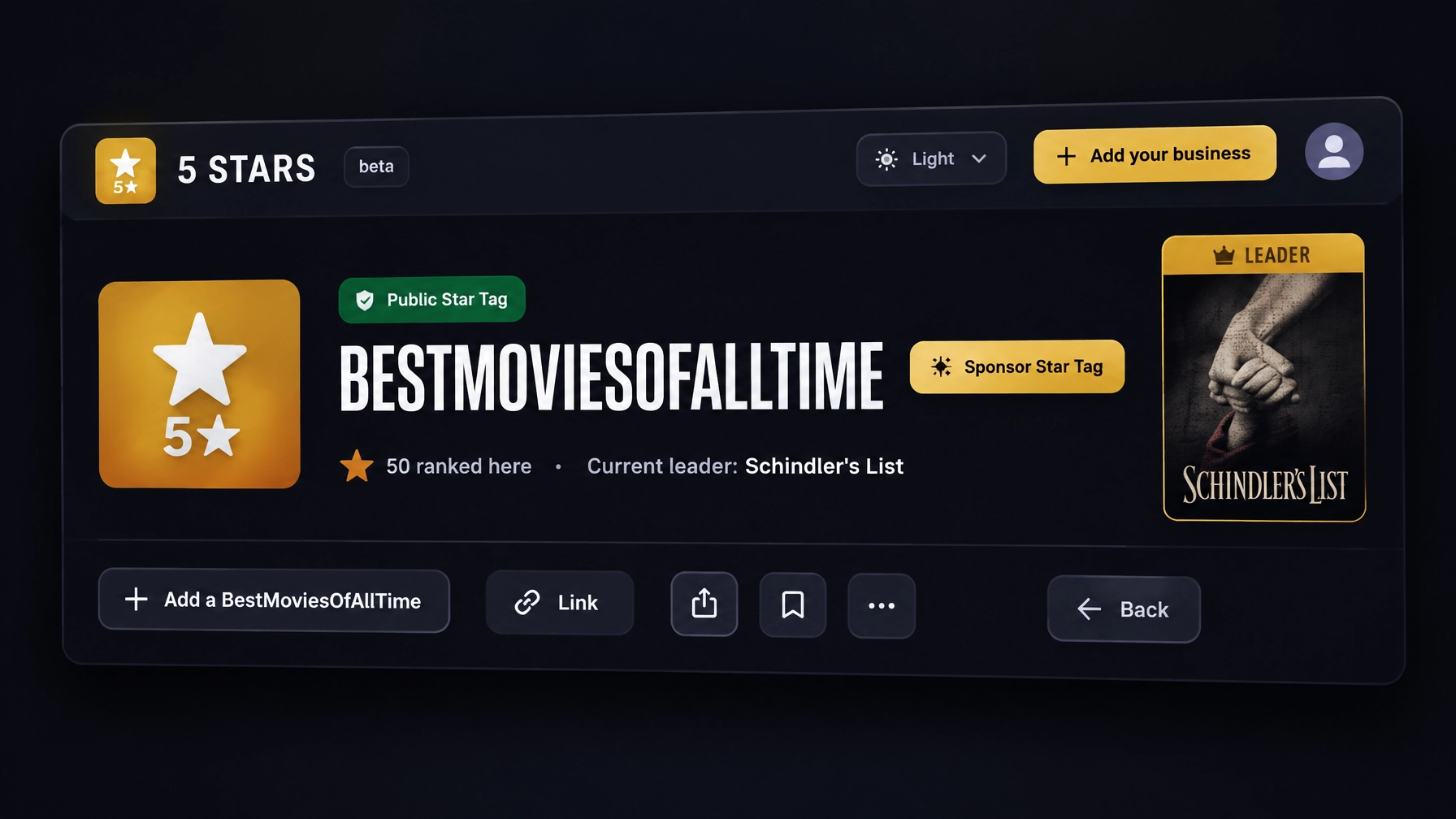 5stars star tag header showing the current BestMoviesOfAllTime leader